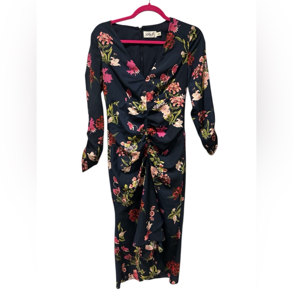 Eliza J Floral Print Dress - Navy Floral Midi Ruched Front